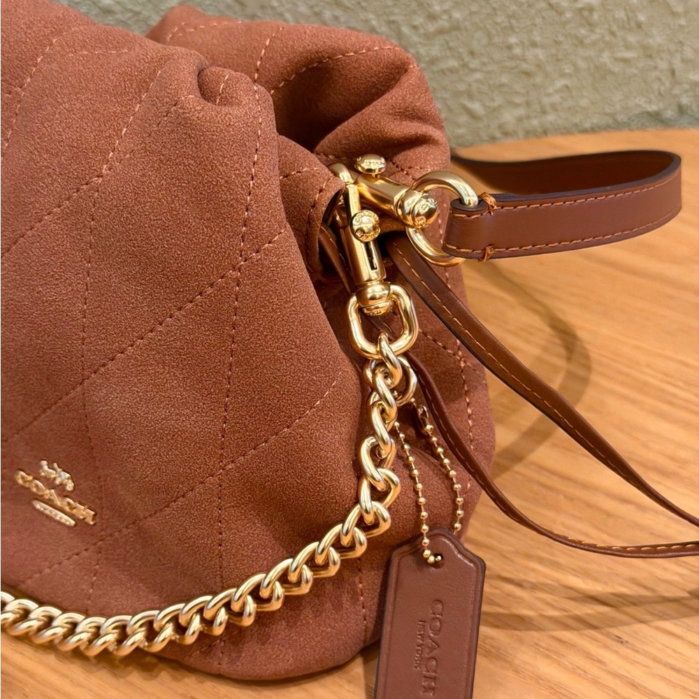 Coach Suede Mini Drawstring Bucket Bag in Rust Brown - Picture 8 of 9